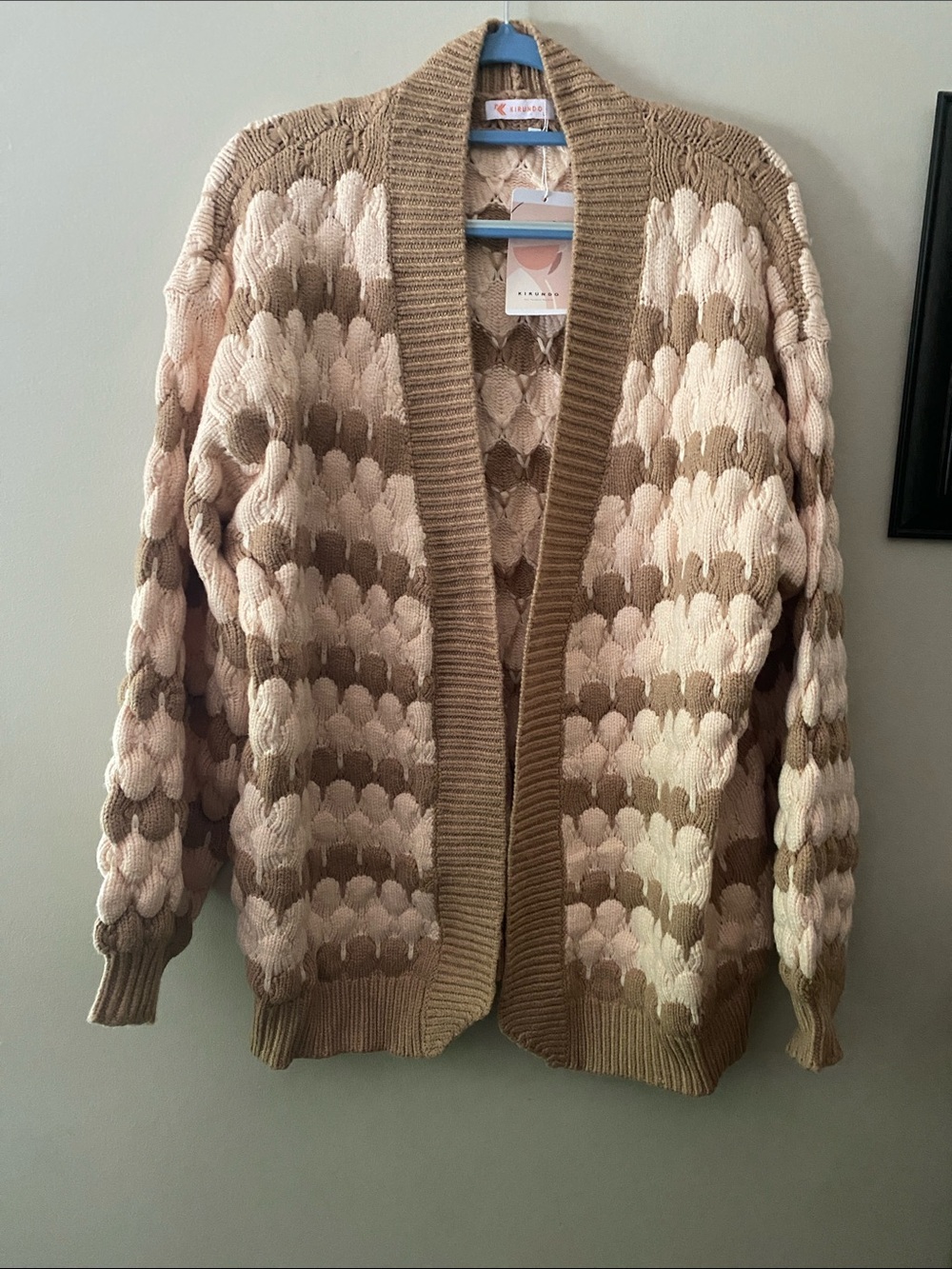 Kirundo Open-Front Taupe & Cream Bubble Knit Cardigan Sweater 🆕